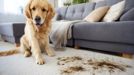 Golden retriever dog sitting on carpet beside couch, with muddy paw prints on floor, showcasing playful pet behavior and home environment