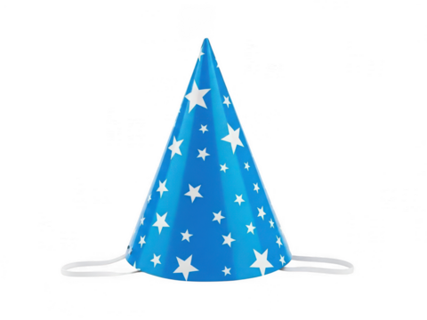 A festive blue party hat with white star patterns against a white background isolated on transparent background - Powered by Adobe