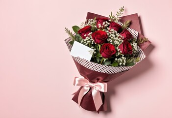 Elegant red rose bouquet with white flowers on pink background with greeting card