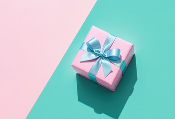 Pink gift box with blue ribbon on pastel background