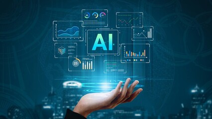 Futuristic hand holding holographic AI interface with graphs and data charts showcasing innovation and technology in artificial intelligence field Gluon.