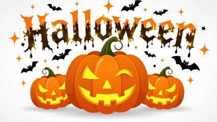 Halloween Pumpkins and Bats Graphic - A festive Halloween graphic featuring three cartoon pumpkins with carved faces on a white background.