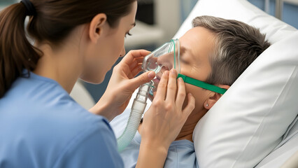 Nurse carefully adjusts oxygen mask on elderly male patient lying in hospital bed recovering