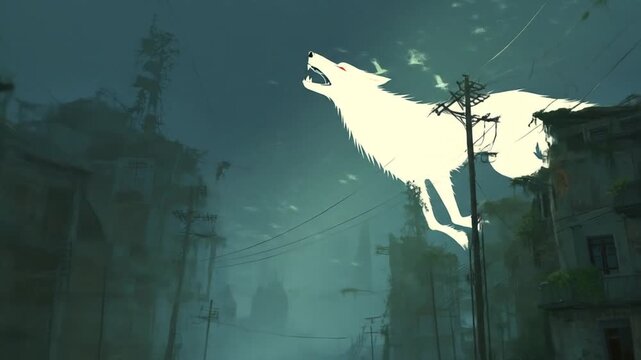 Glowing wolf silhouette howling in a dystopian urban environment
