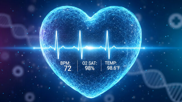 Futuristic glowing blue heart shape formed by plexus lines with vital sign data and pulsing ecg waveform - Powered by Adobe