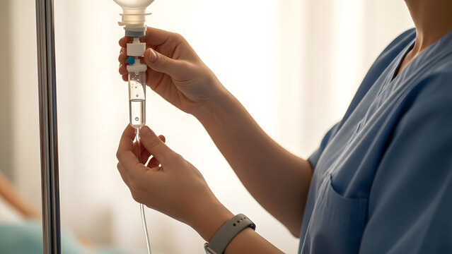 Close up shot of nurse adjusting intravenous drip bag infusing liquid medication into patient in hospital room - Powered by Adobe