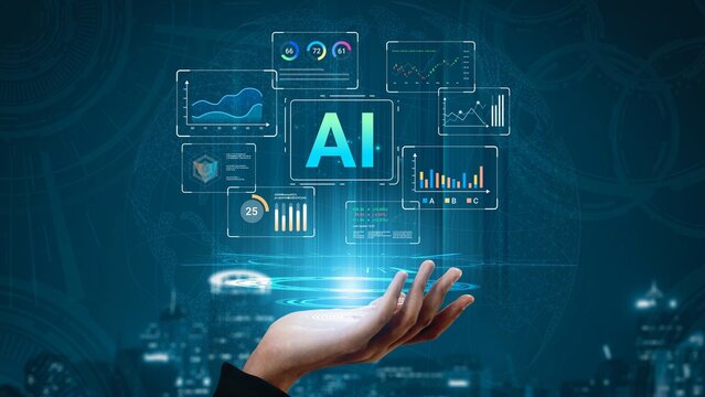 Futuristic hand holding holographic AI interface with graphs and data charts showcasing innovation and technology in artificial intelligence field Gluon. - Powered by Adobe