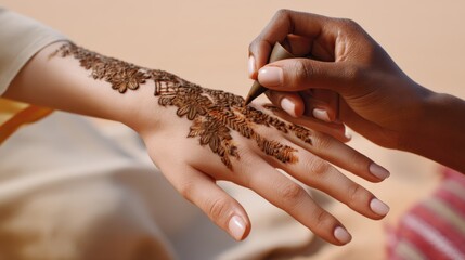 Henna tattoo application on a woman's hand, showcasing intricate floral designs and patterns, with a warm outdoor setting and soft natural light enhancing the artistic process
