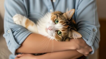 Cute calico cat with green eyes being held in arms of person wearing blue shirt