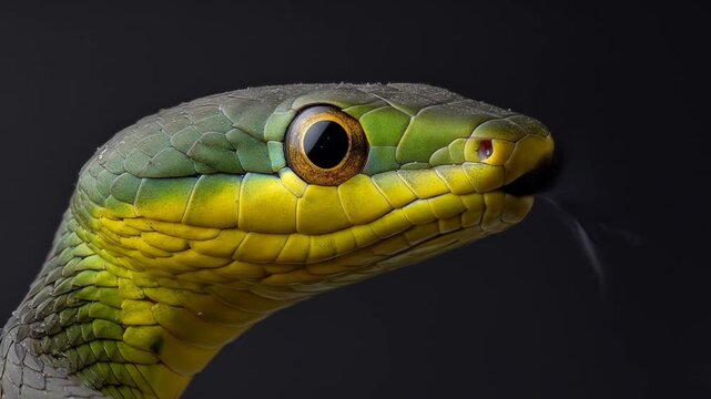 Close up of a vibrant green and yellow snake against a dark background