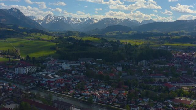 Aerial view of the city Sonthofen in Germany, Bavaria on a sunny spring day 