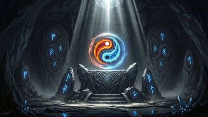 Mysterious ancient temple with glowing yin yang symbol