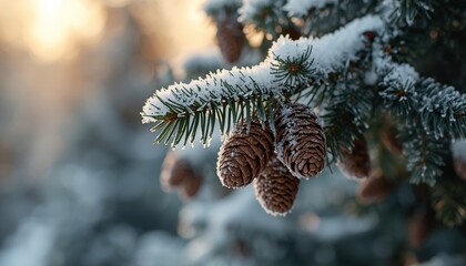 A close-up of snow-covered pine branches with pinecones during a winter scene outdoors
