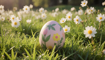 Decorated Easter egg resting on green grass surrounded by daisies  