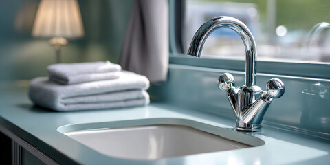 Close-up of modern chrome faucet and clean white sink with folded towels and soft lighting in a stylish bathroom setting