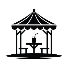 Black and white illustration of a gazebo with a drink inside