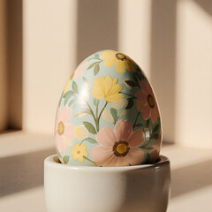 Hand-painted Easter egg with floral patterns in a ceramic egg cup  