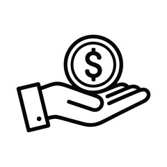 A hand gently holding a single coin with a dollar sign on it