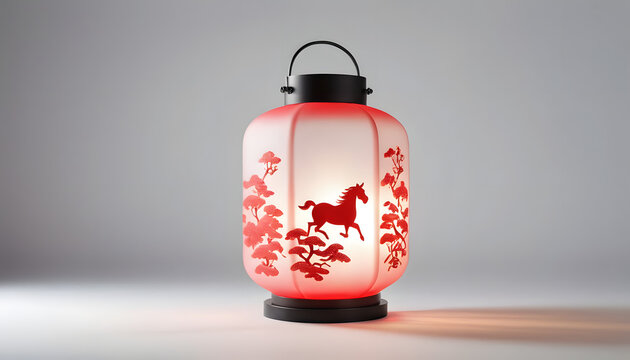 Chinese Contemporary Modern Latern, with black handle and translucent red acrylic, and chinese decoration and horse sillhouette, Studio Shot, Isolated on white Background
