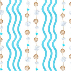 Seamless pattern with shells on a jute rope and stylized turquoise waves. Watercolor illustration on an isolated background. Seamless background in marine, beach style.