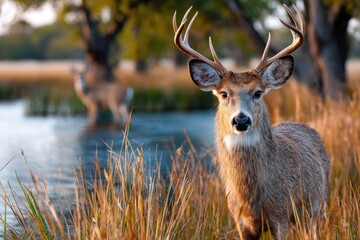 Fototapeta premium White Tailed Deer Buck by Water with Another Deer
