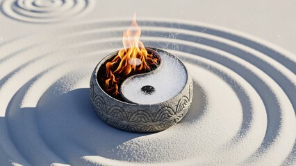 Yin yang symbol with fire and ice in a bowl on sand