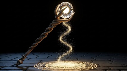 Magic wand casting spell on ancient stone floor