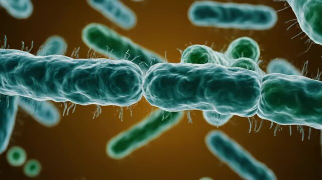 Microscopic Bacteria Colony - A detailed macro shot shows a cluster of blue and green bacteria cells. The video highlights the cell structure and surface details against an amber background.
