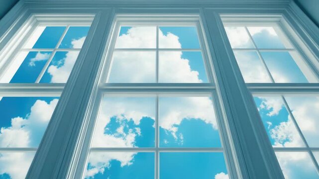 Daytime view of indoor window with sunlit blue sky and clouds reflected in glass, creating an illusion of outdoor environment