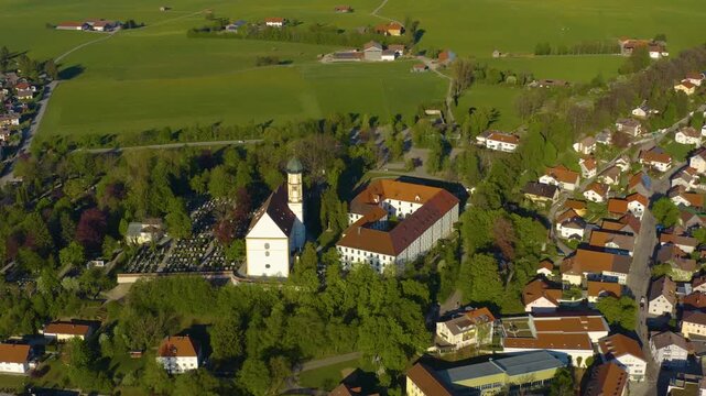 Aerial view of the palace in Marktoberdorf in Bavaria in Germany on a sunny day in autumn. 