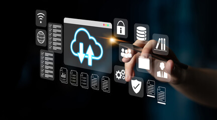 Cloud upload and download icon with surrounding data management, security, and analytics icons in digital interface Parse
