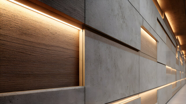 Close-up of architectural wall panel detail, stone and wood textures, hidden linear lighting, premium modern interior, ultra realistic render, clean composition