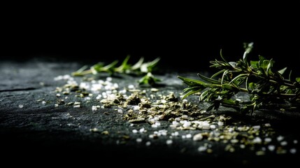 Fresh and Dried Herbs with Sea Salt on a Dark Surface for Culinary and Food Photography