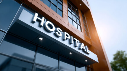 Fototapeta premium Modern hospital building exterior with illuminated sign and glass under clear sky during daytime