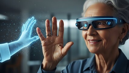 Senior woman in futuristic virtual reality experience with glowing hand