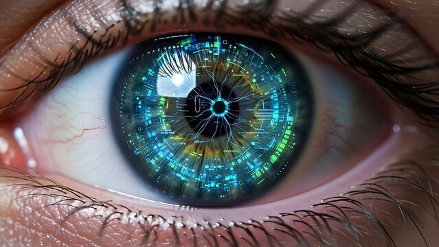 Close-up of human eye with futuristic digital interface - Powered by Adobe