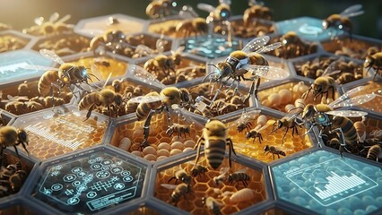 Bees interact with futuristic honeycomb cells and digital screens