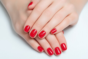 close-up of a woman's hands with a red manicure isolated on a white background