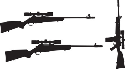 Black silhouettes of rifles with scopes on white background