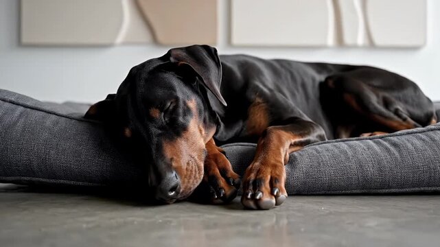 Sleeping Doberman Dogs Relaxing on Cozy Pet Bed Luxury Lifestyle Animal Companionship Cute Puppies Home Interior Stock Video Footage