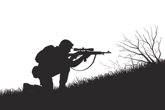 Silhouette of a hunter with a rifle and scope, crouching in grass with a bare tree.
