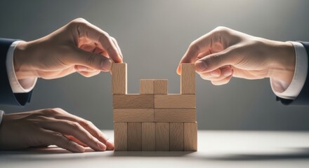 Close Up of Diverse Business Hands Working Together to Build a Structure with Wooden Blocks