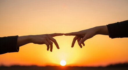 Two Fingers Nearly Touching Against a Sunset Background Symbolizing Human Connection and Spark