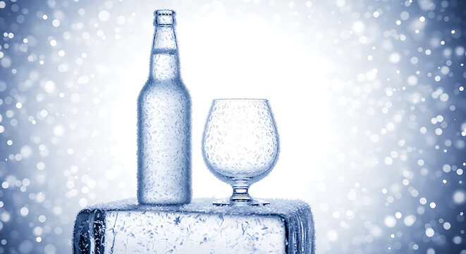 Frosty cold beverage bottle and glass resting on a huge ice block.