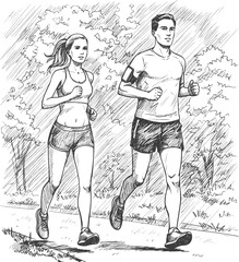 Running man and woman, isolated vector silhouettes. Run, side view. Pencil sketches of athletic looking male and female runners running. Transparent background EPS version.