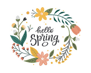 Obraz premium Hello Spring Cute Floral Typography Vector Illustration Isolated on White