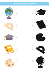 Educational find the correct shadow activity with colourful school objects and matching black silhouettes. Fun spring worksheet for kids, preschool learning and printable materials.