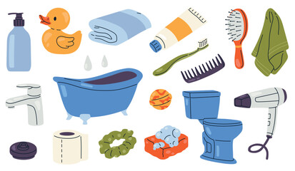Vector illustration of baby bath items including shampoo bottle, soap, rubber duck and towel. Flat minimalist design without outlines, drawn with solid shapes. Suitable for children care and hygiene c
