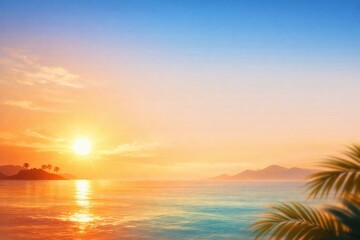 Sunset Over Calm Ocean With Silhouettes of Palm Trees and Distant Mountains at Twilight