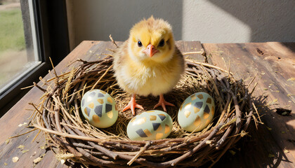 Single fluffy spring chick peeking from nest with pastel Easter eggs  